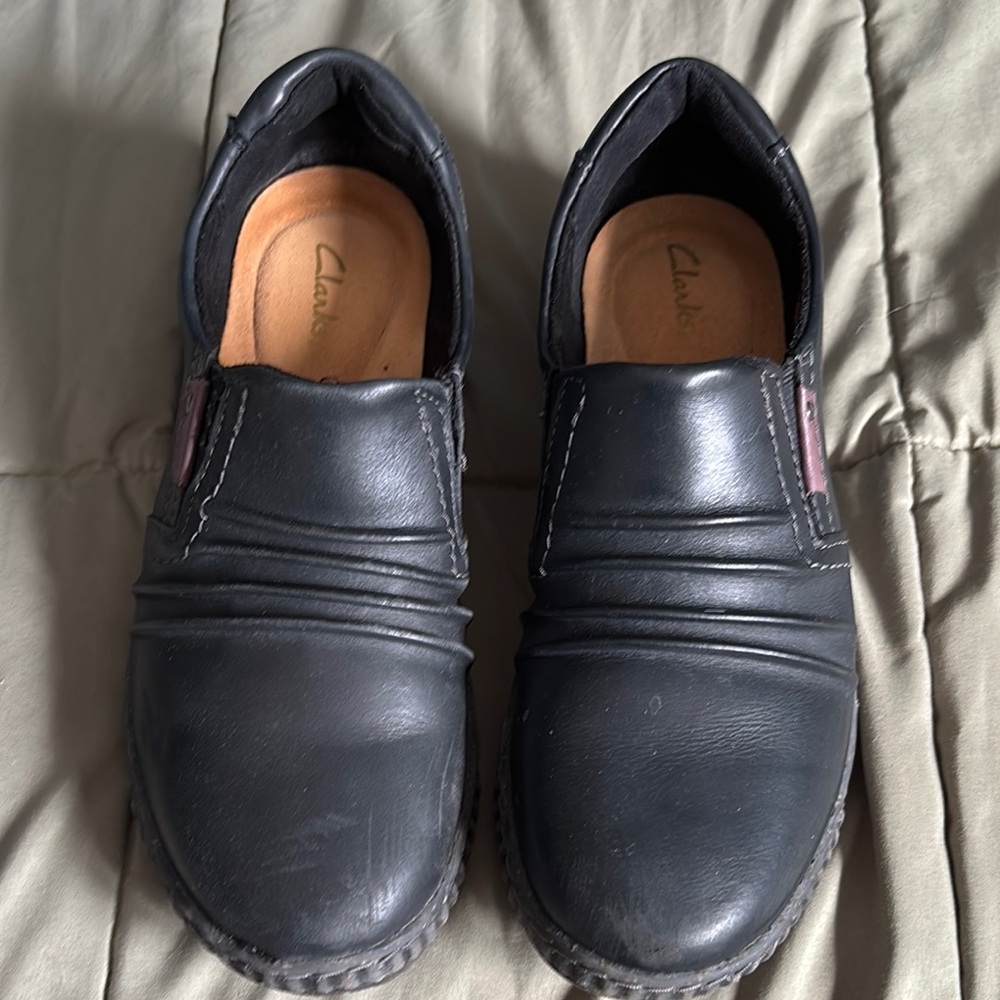Clarks Black Flats Slip-On Leather Loafers